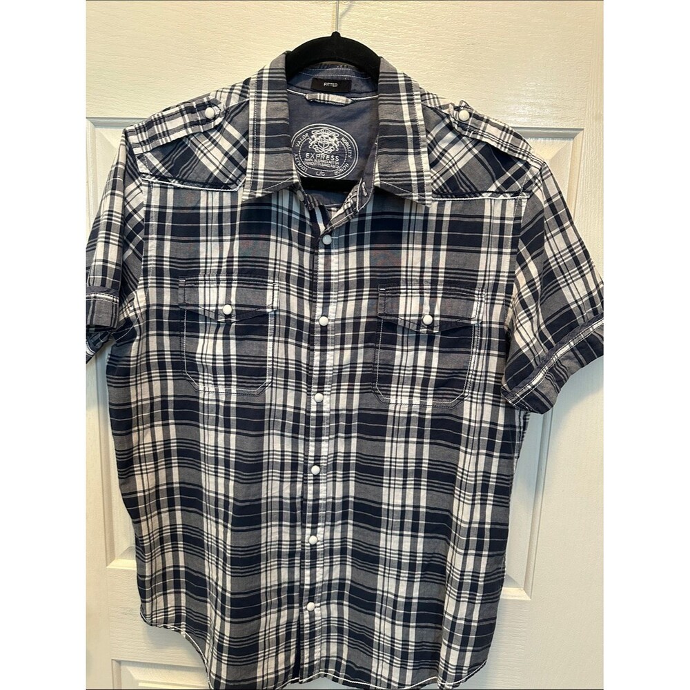 Express Men's Fitted Plaid Short-Sleeve Button-Up Shirt 100% Cotton Size L